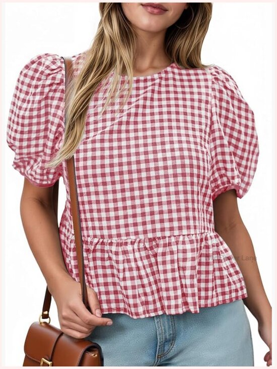 Tops - Womens Puff Sleeve Gingham Blouse Ruffle Peplum Babydoll Top Cotton Shirt